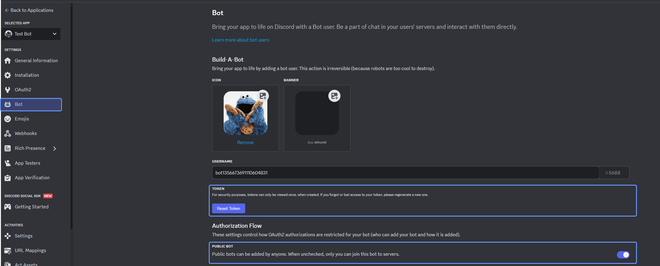 Copy token and disable public bot switch